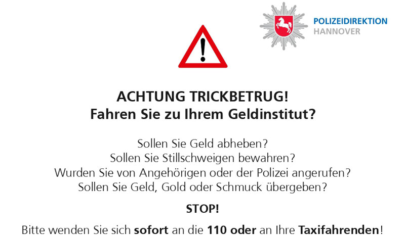 2.000 Aufkleber in Taxis sollen vor Trickbetrug schützen